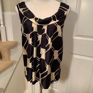 NWOT, silk blouse w geometric pattern, navy/cream